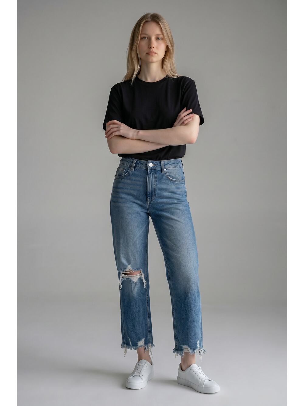 Lovervet Straight Leg Jeans Womens 30/11 Blue Stretch Denim Distressed Raw Hem